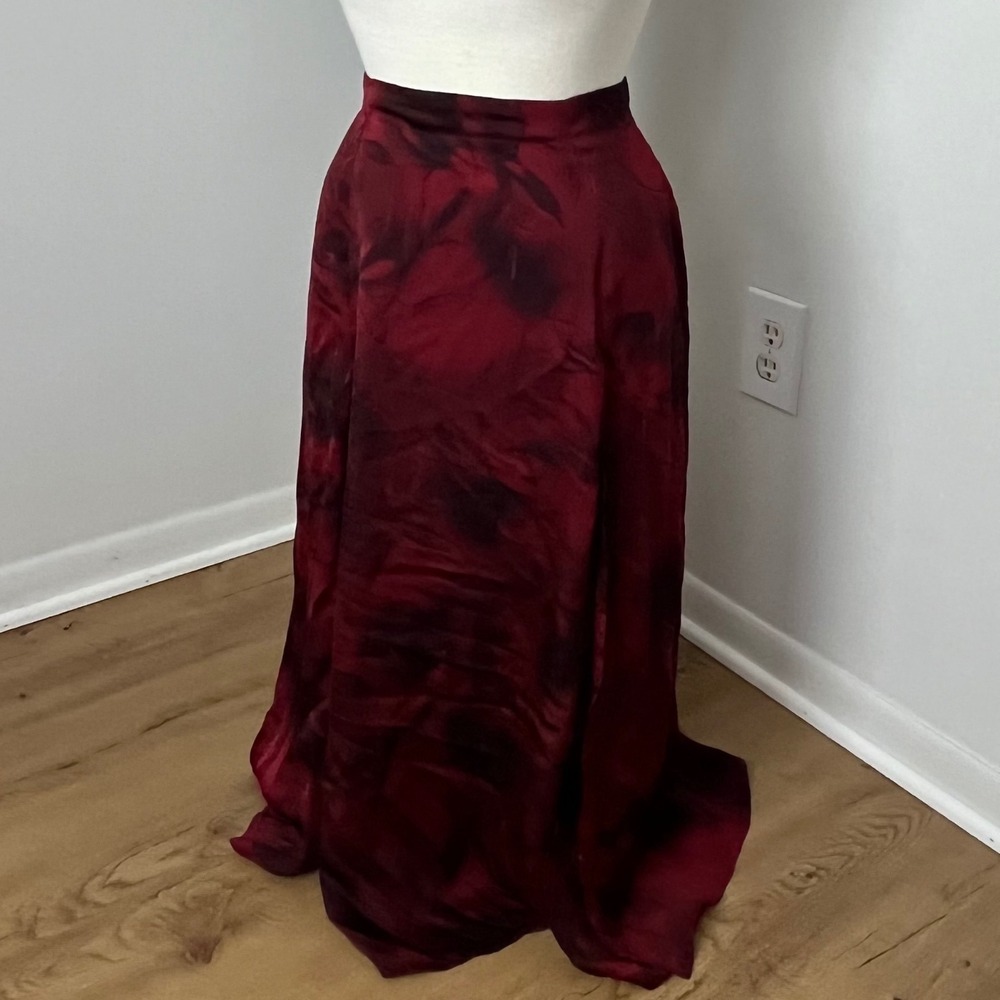 VTG Fairygrunge Whimsygoth Dark Red Floral Print Pleated Maxi Skirt Size FR 40